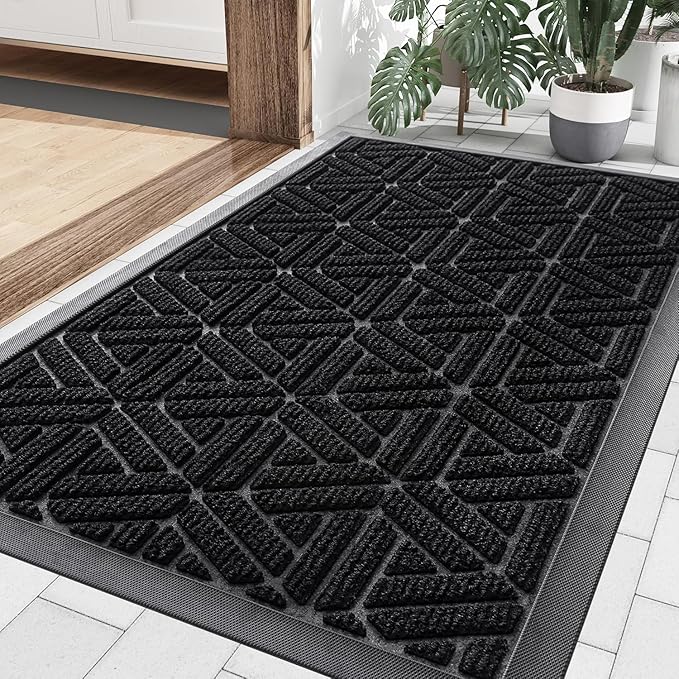 Smiry Front Door Mat Outside Entrance, Heavy Duty Sturdy Natural Rubber Doormat, Trap Dirt and Moisture, Easy Clean Low Profile Mats for Indoor Outdoor Entry, Grid Geometric (29.5x17, Black) by Smiry