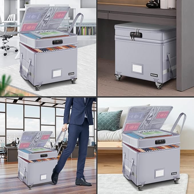 DocSafe Fireproof Document Box with Lock,2-Layer File Box with Wheels,Collapsible File Storage Organizer with Pockets,Large Portable Home Office Filing Cabinet Safe for Hanging Folders,Silver - Image 3