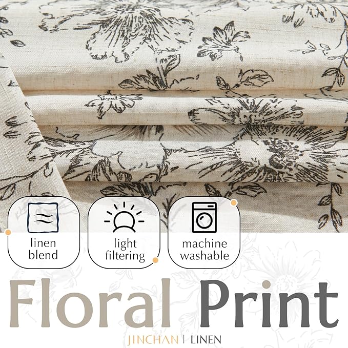 jinchan Lined Linen Blend Curtain Floral Curtains for Living Room 108 Inches Extra Long Black Peony Flower Printed Curtain Back Tab Farmhouse Patterned Drapes Bedroom Window Curtain Set 2 Panels - Image 2