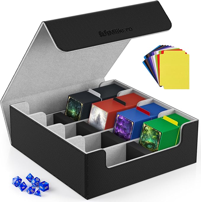 Mlikero Card Deck Case, 2400+ Trading Card Storage Box with 10 Colorful Dividers and 4 Foam Stoppers, Leather Magnetic Closure Commander Deck Box Fit for MTG, TCG (4 Rows, Black&Grey) by Mlikero