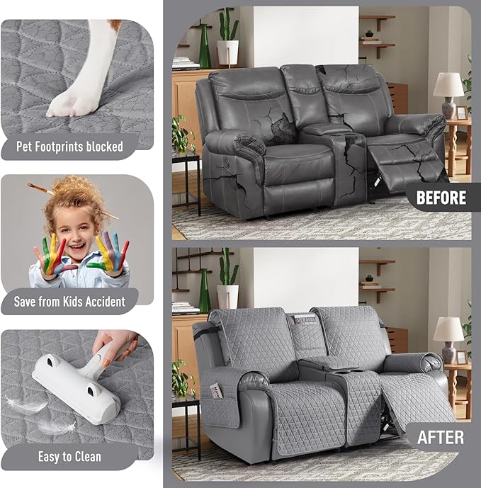 TAOCOCO 100% Waterproof Loveseat Recliner Couch Sofa Covers with Console,Double Reclining Couch Cover Non-Slip Sofa Slipcovers Washable,Furniture Protector Covers for Kids,Pets(2 Seater,Light Gray) - Image 2