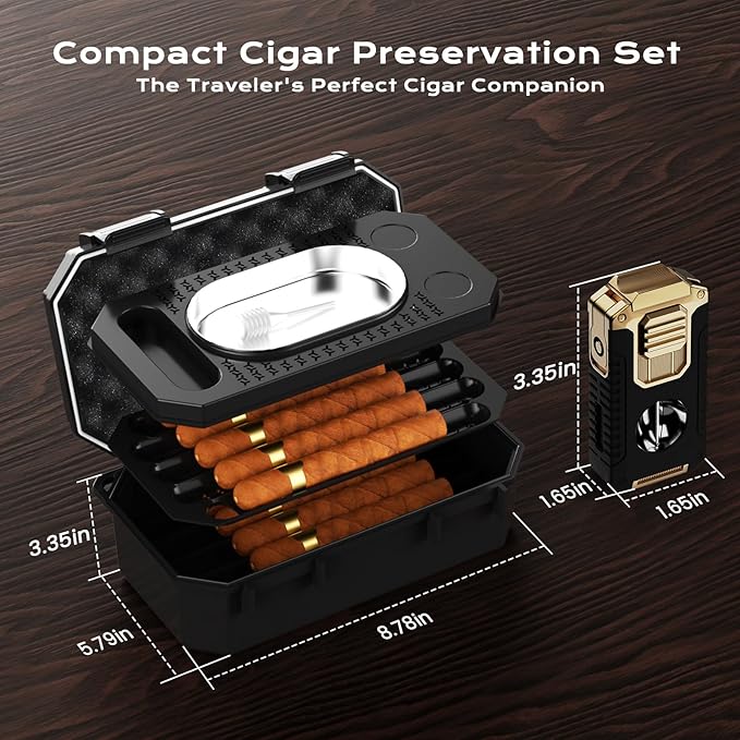 Travel Cigar Humidor Box set with Cigar Ashtray, Cigar Torch Lighter, Built-in V Cutter & Punch & Holder & Draw Enhancer Tool, Humidifier & Hygrometer, Portable Travel Cigar Case, Cigar Gifts for Men - Image 5