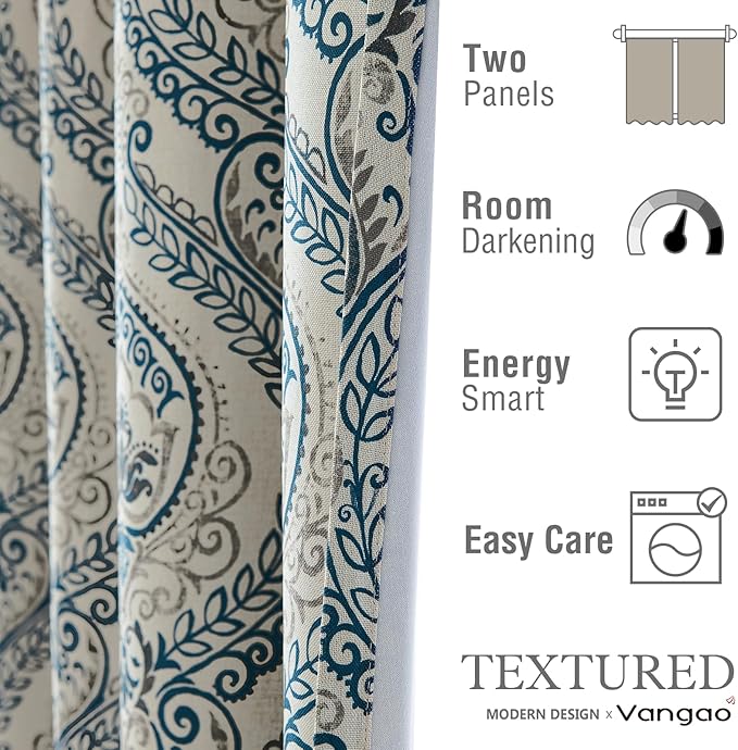 Vangao Vintage Damask Blue Curtains 63 Inch Long Blackout Curtains Linen Textured Floral Paisley Medallion Print for Bedroom Living Room Darkening Drapes Retro Window Treatment 2 Panels Navy on Beige - Image 7