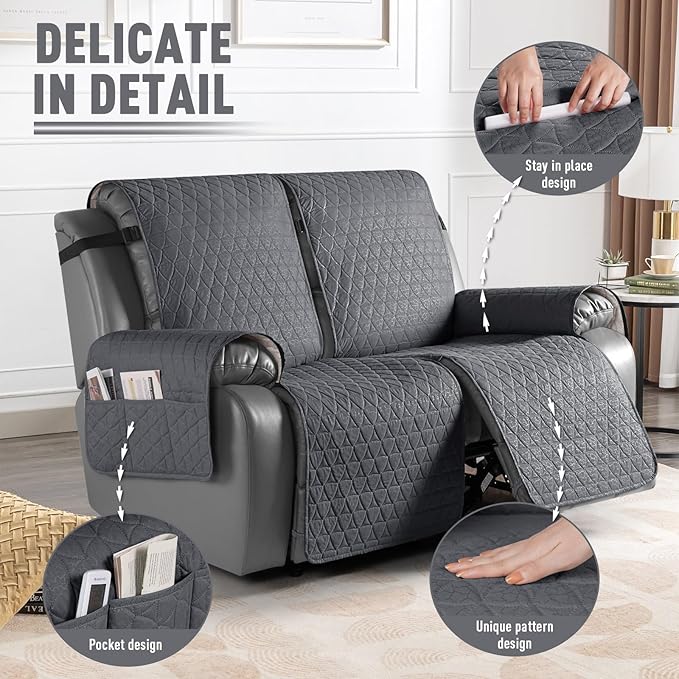 TAOCOCO 100% Waterproof Recliner Cover, Non-Slip Washable Reclining Couch Cover with Elastic Leg Straps, Furniture Protector for Dogs (Charcoal Gray, 2 Seater) - Image 6