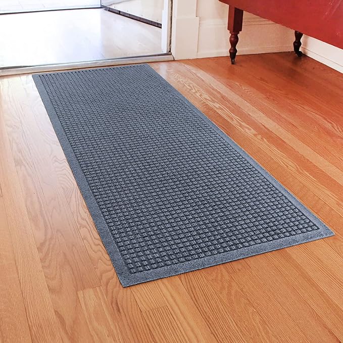 WaterHog Squares Front Door Mat Indoor Outdoor Entrance, Absorbent All-Weather Doormat with Non-Slip Rubber Backing, Dirt & Moisture Trapper, Low Profile, Easy Clean, Made in USA, 22"x60" Bluestone - Image 3