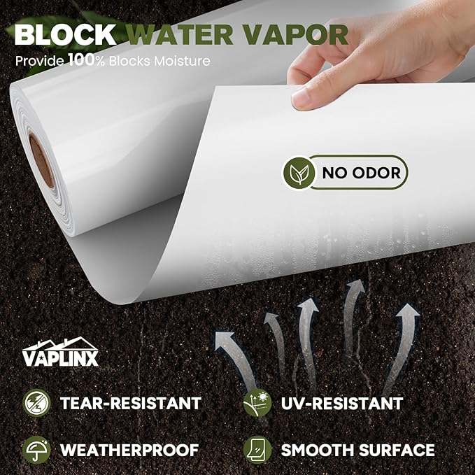 White Crawl Space Vapor Barrier, 10 Mil Vapor Barrier, 12' x 100', Heavy Duty Polyethylene Film, Thick Plastic Sheeting, Plastic Drop Cloth Covering for Crawlspace, Basement, White - Image 2