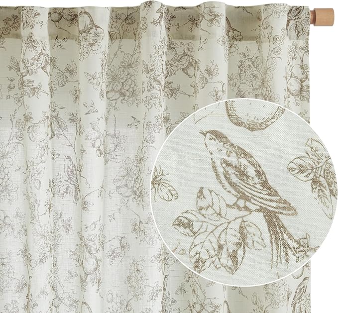 jinchan Linen Floral Curtains for Living Room 96 Inch Length Taupe Printed Flower French Country Curtain Farmhouse Cottage Core Toile Curtains Back Tab Light Filtering Window Drapes Set 2 Panels - Image 8