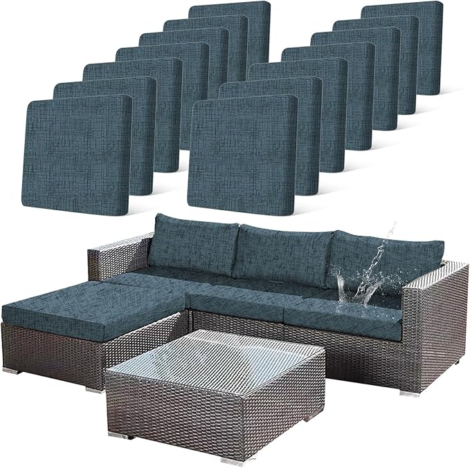 14Pcs Stretch Patio Cushion Covers Outdoor Couch Cover Replacement,Outdoor Textured Sofa Covers for Patio Couch,Washable Furniture Cover (Navy Blue,Cushions Not Included) by CALBODE