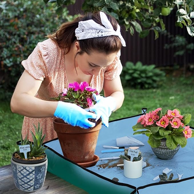20pcs Small Gardening Tools Gifts for Women Beginners - Garden Hand Tools Set for Indoor Succulent Bonsai Plants Transplanting, Included 39.4" Plant Repotting Mat/Miniature Shovel/Labels, Blue - Image 2