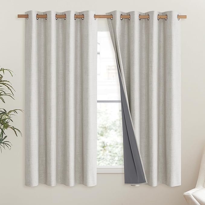 NICETOWN Snowbound Vintage Linen 100% Blackout Curtains for Living Room, Thermal Insulated Curtains 48" Long, Noise Reducing Window Treatment Drapes for Hall Room, 52" Wide Per Panel, Set of 2 - Image 2