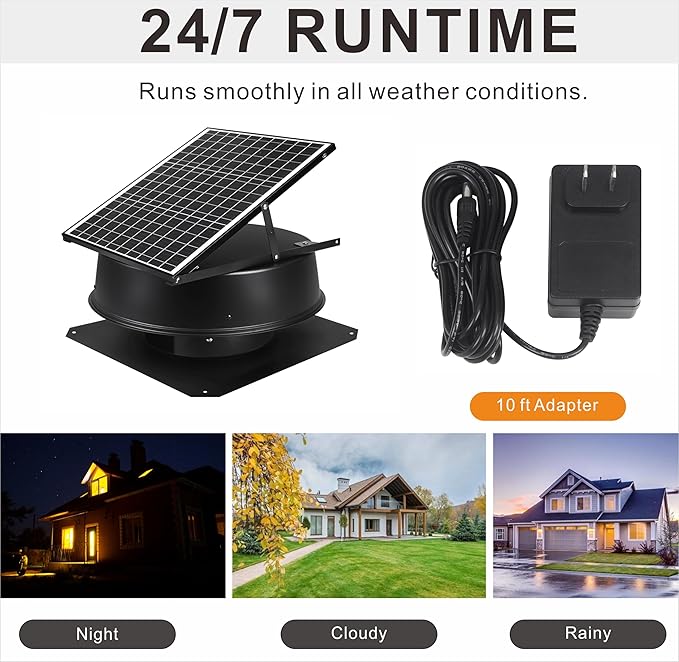 Solar Attic Fan, 40 W, 1600 CFM Large Air Flow Solar Roof Vent Fan, Low Noise and Weatherproof with 110V Smart Adapter, Ideal for Home, Greenhouse, Garage, Shop, RV, Workshop etc. - Image 2
