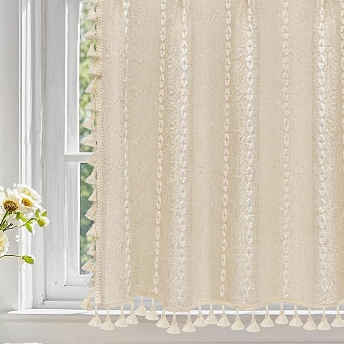 Beige Boho Farmhouse Window Curtain with Tassels, 30 x 36 Inch Light Filtering Sheer Short Cafe Window Curtain Tier, Linen Textured Pleated Small Window Drape for Kitchen or Bathroom, 1 Panel - Image 4