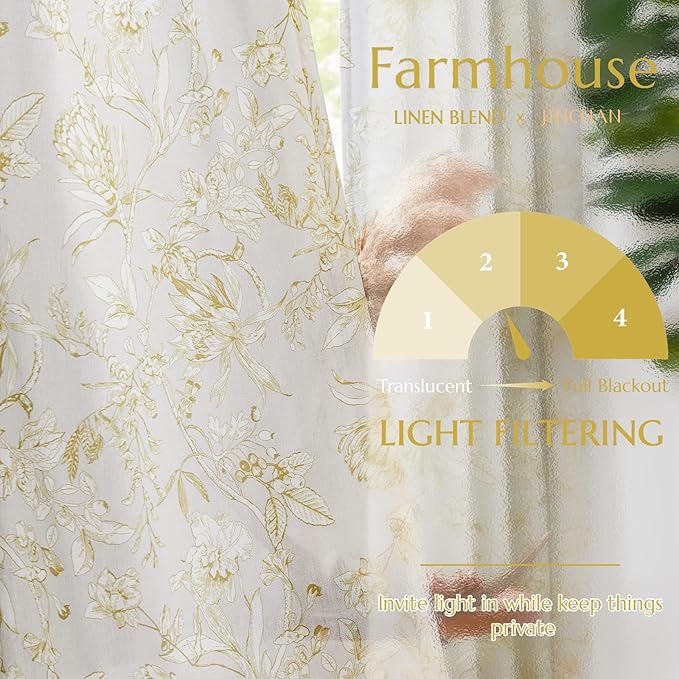 jinchan Floral Curtains 96 Inches Long Mustard Yellow Flower Linen Farmhouse Curtain for Living Room French Country Vintage Curtain Rod Pocket Curtains Set 2 Panels Floral Printed - Image 3