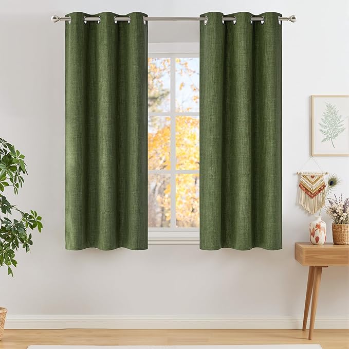 NICETOWN Short Faux Linen Froest Green Blackout Curtains 63 inches Long for Kitchen - Privacy Panels for Living Room Bedroom, Modern Farmhouse Style Easy Care Grommet Top, 2 Panels, W42 by L63 by NICETOWN