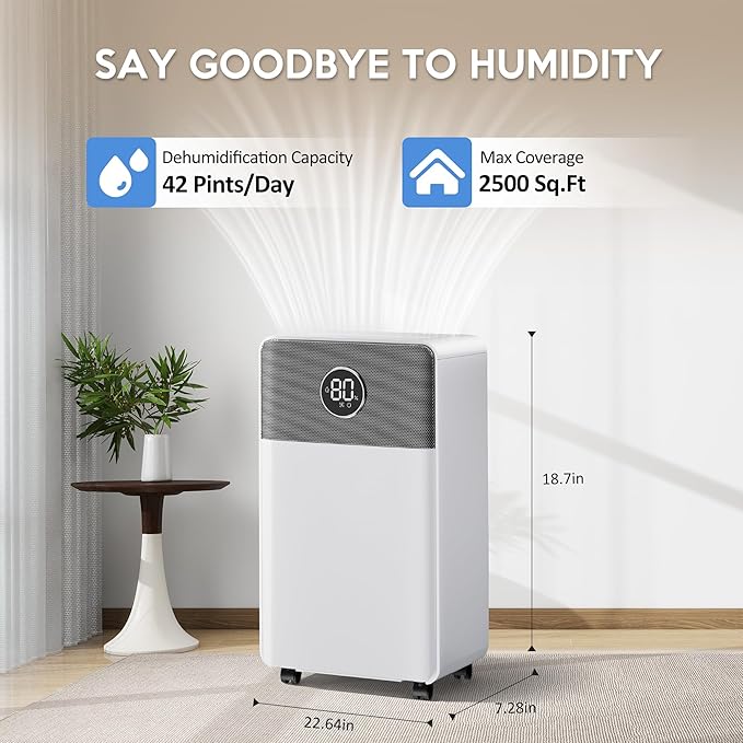 2500 Sq.Ft Dehumidifiers with Drain Hose, Max 42 Pints, Intelligent Humidity Control, 24H Timer, 3 Modes, Child Lock, Auto Defrost, Ideal for RV, Bathroom, Bedroom - Image 3