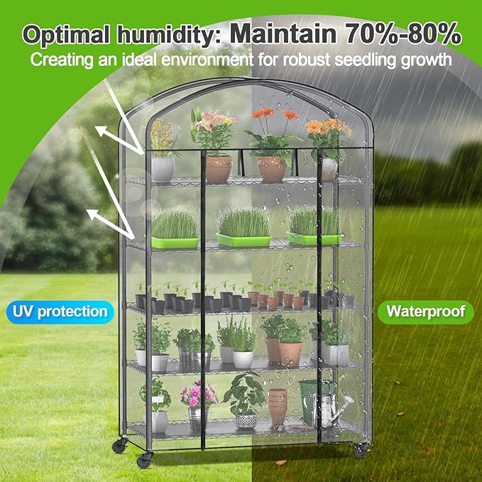 Abimars 5-Tier Greenhouse with Caster Wheel, Each Shelf Height Adjustable Metal Plant Shelf with PVC Cover for Seed Starting Trays, Seedling Pots, Plant Pots, 21x49x80inch - Image 6