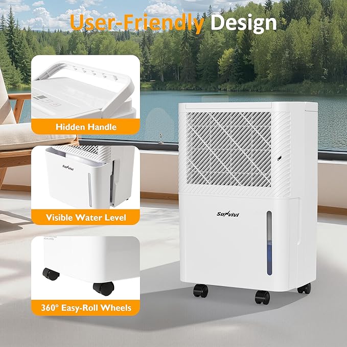 Sunvivi 22 Pints Dehumidifier for Home: 1500 Sq.Ft Dehumidifiers with 71OZ Water Tank, Drain Hose for Basement, Bedroom, Bathroom, RV, Garage, Living room, 360° Rotatable Wheels, 24H Timer, White - Image 6