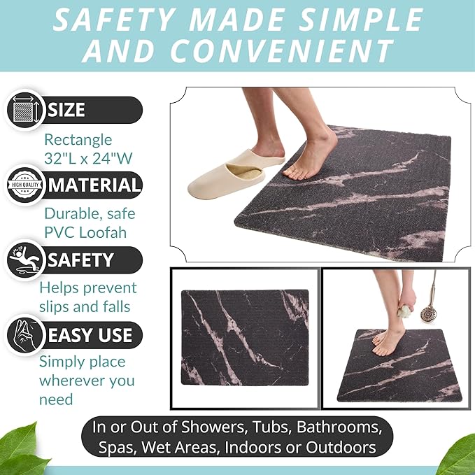 Enkosi Loofah Non-Slip Shower Mat - Shower Floors, Bathtub, Bathrooms, Wet Areas - Cushioned Bath Mat with Drain Holes - Quick Dry PVC, Secure Safety Pad Without Suction Cups (32x24 Marble Black) - Image 3