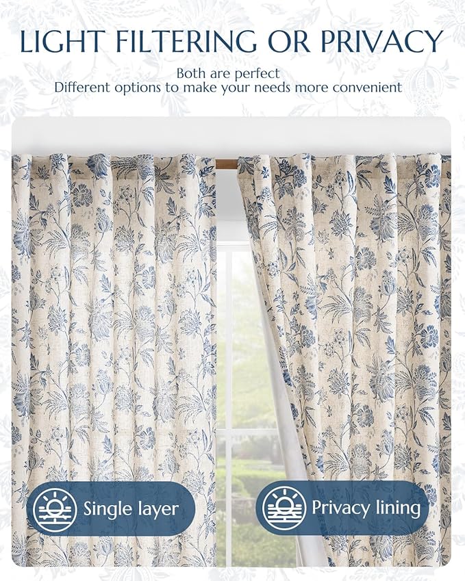 jinchan Lined Linen Floral Curtains for Living Room, 63 Inch Length Printed Flower Farmhouse Patterned French Country Back Tab Blue Window Drapes Set Privacy Bedroom Curtains, 2 Panels - Image 6
