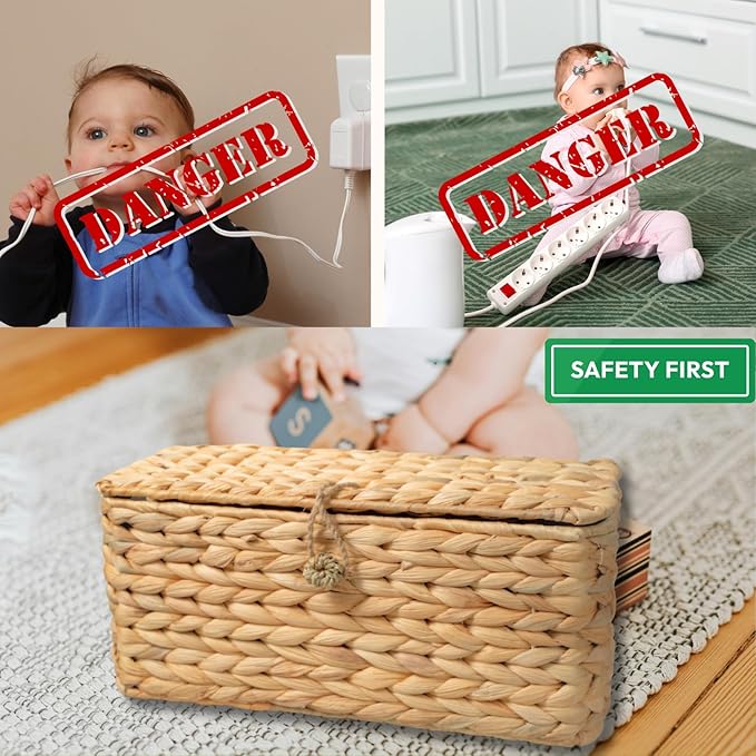 Wicker Cable Management Box with Lid, A Handwoven Water Hyacinth Cords Hider Box for TV, Computer, Router, USB Hub to Hide Cords & Power Strip for Desk, Floor, Office 12.8x5.5x5.5 - Image 3