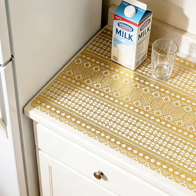 Drawer and Shelf Liner - Gold Geometric Lace Pattern,Non Adhesive Non Slip Waterproof Easy-Clean Shelf Liner for Kitchen Cabinet, Refrigerator, Bathroom, Pantry Storage Drawers, 12 in x 20 Ft - Image 4