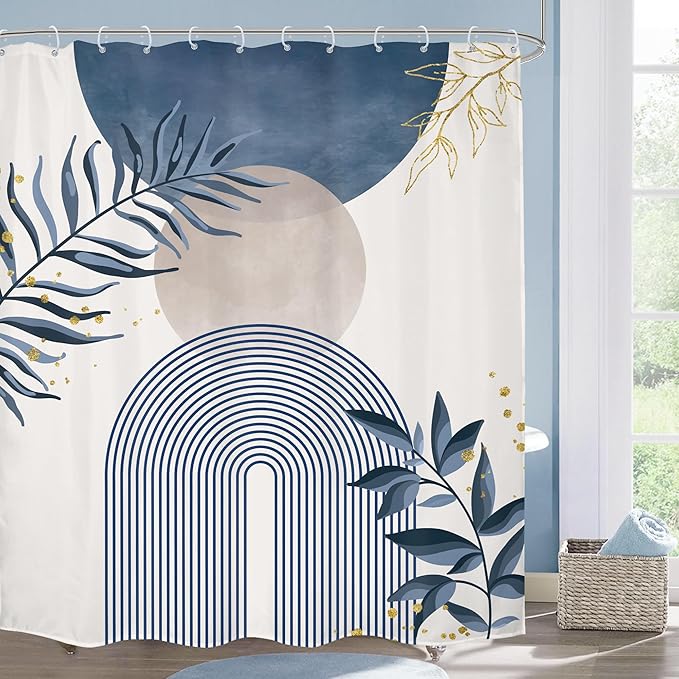 Blue Gray Boho Shower Curtain Dusty Blue Gold Leaves Modern Bohemian Abstract Mid Century Minimalist Grey Plant Bathroom Decor Geometric Arch 60Wx72H Bath Curtain Fabric Polyester 12 Pack Hooks by MitpokBrand
