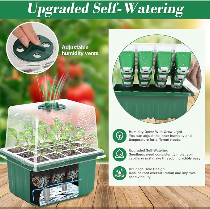 Mckanti 4 Set Self-Watering Seed Starter Tray Kits with Grow Light, Reusable Seed Germination Kit with Adjustable Humidity Domes and Silicone Cell Base Tray for Indoor Plant Seed Germination - Image 3