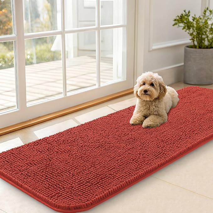 OLANLY Dog Door Mat for Muddy Paws 59x20, Absorbs Moisture and Dirt, Absorbent Non-Slip Washable Doormat, Quick Dry Chenille Mud Mat for Dogs, Entry Indoor Entryway Carpet for Inside Floor, Maple Red by OLANLY