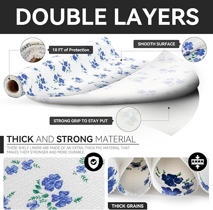 RAY STAR Shelf Liner, 18 Inch x 24 Feet Non Adhesive Blue Floral Kitchen Cabinet Liner for Pantry Drawer Vanity, Strong Grip Non Slip Waterproof, Shelf Liners for Kitchen Cabinets Cupboard - Image 7