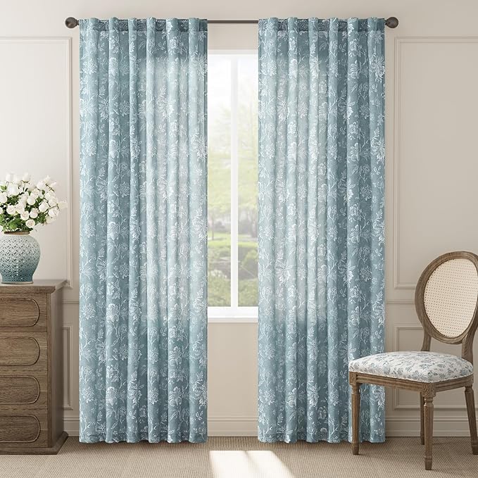 jinchan Linen Floral Curtains for Living Room, 84 Inch Length Curtains with Printed Flower Light Filtering Curtain, Rod Pocket Back Tab Blue Window Treatment Set Bedroom Curtain, 2 Panels Blue by JINCHAN