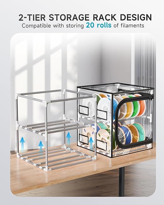 YOOPAI 3D Printer Filament Storage Box with Desiccants - 2 Tiers Metal Filament Storage Rack with Trans Cover,Holds Up to 24 Rolls of Filaments - 3D Filament Storage for Home, Office Workshop, Studio - Image 7