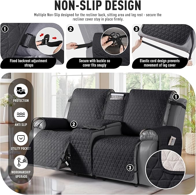 TAOCOCO 100% Waterproof Loveseat Recliner Couch Sofa Covers with Console,Double Reclining Couch Cover Non-Slip Sofa Slipcovers Washable,Furniture Protector Covers for Kids,Pets(2 Seater,Black) - Image 5