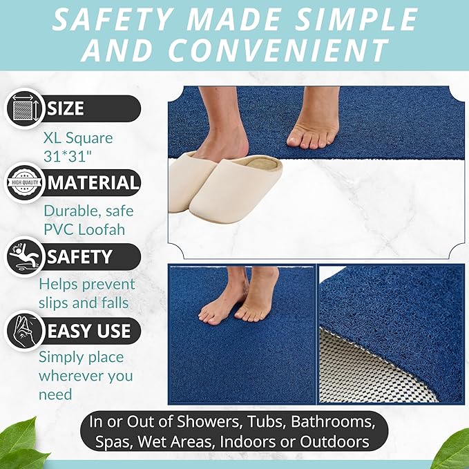 Square Shower Mat - Non Slip Shower Mats for Inside Shower - Extra Large 31x31 Shower Floor Mat Non Slip - Square Bath Mat for Shower - Secure Anti Slip Loofah Shower Bath Mat (31x31 Navy) - Image 3