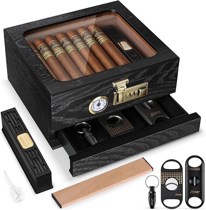 Cigar Humidor, Cedar Wood Humidor Cigar Box, Glass Top Desktop Humidor with Front Hygrometer, Humidifier, Divider, Accessories Drawer and Combination Lock, Cigar Gifts for Men (Black) by Tesonway