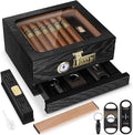 Cigar Humidor, Cedar Wood Humidor Cigar Box, Glass Top Desktop Humidor with Front Hygrometer, Humidifier, Divider, Accessories Drawer and Combination Lock, Cigar Gifts for Men (Black) by Tesonway