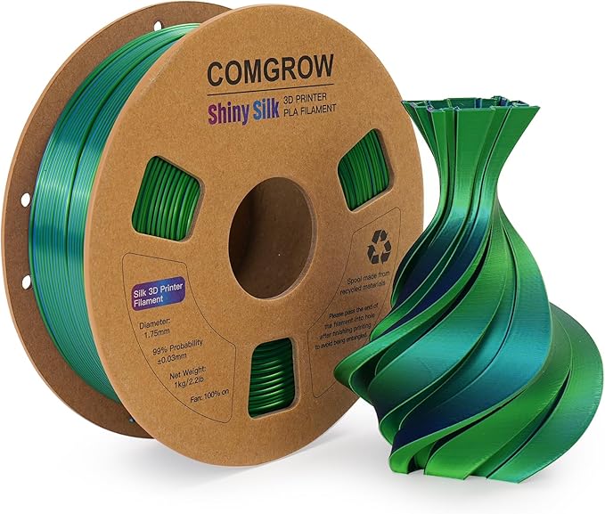 Comgrow Silk PLA 3D Printer Filament, Dual Color 2 in 1 Black and Green, 3D Printing PLA Filament 1.75mm, Dimensional Accuracy +/- 0.02 mm, 1KG Spool, Coextrusion Shiny Silk 3D Filament by Comgrow