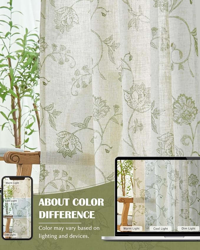 jinchan Linen Curtains Floral Curtains 63 Inch Length for Living Room Bedroom Light Filtering Rod Pocket Back Tab Jacobean Curtains Flax Linen Texture Window Drapes Set 2 Panels Green on Linen - Image 7