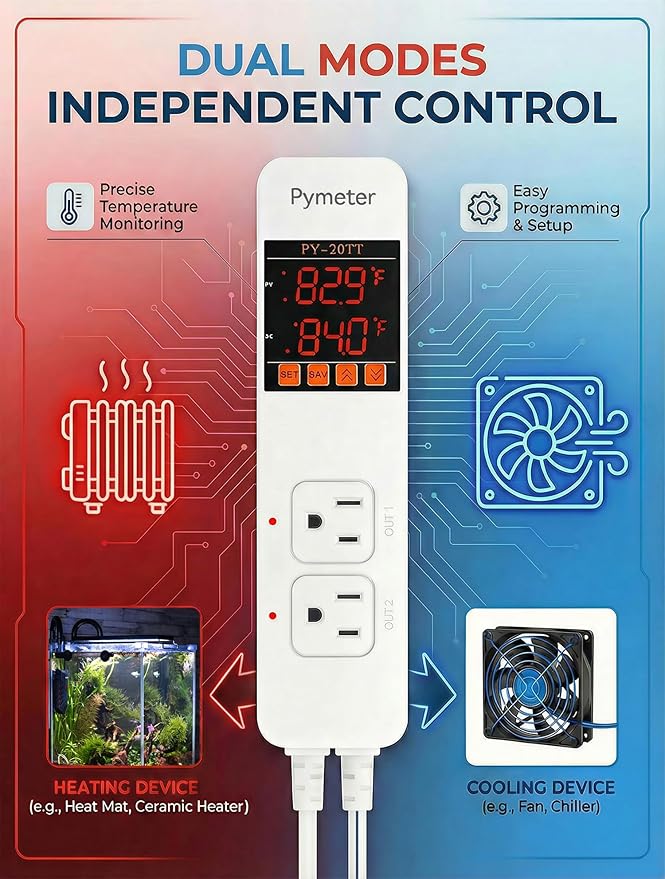 2 in 1 Digital Temperature Controller Dual Outlet Heat Mat Thermostat Reptile Greenhouse Heater Home Brewing Freezer Cooling Heating Pad Control 16A 1920W - Image 3