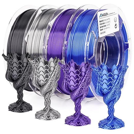 AMOLEN Silk 3D Printer Filament Bundle, PLA Filament 1.75mm Pack, Shiny 3D Printing Filament for Most FDM 3D Printer, Black, Purple, Silver Grey, Sapphire Blue, 200g X 4 by AMOLEN