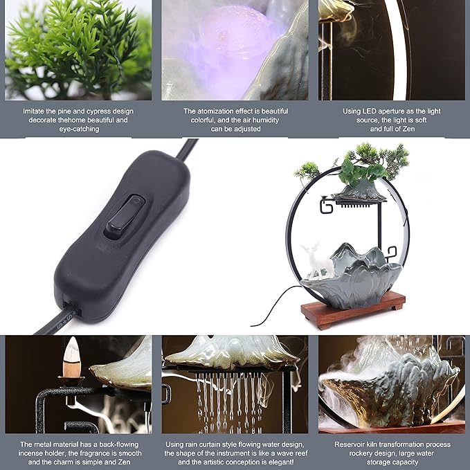17In Water Fountains Indoor Tabletop Water Fall Humidifier with LED Light and Atomizer Mist, Zen Decor Meditation Japanese Decor Fake Plants Feng Shui Decor Festival Birthday Gift for Good Luck Wealth - Image 4