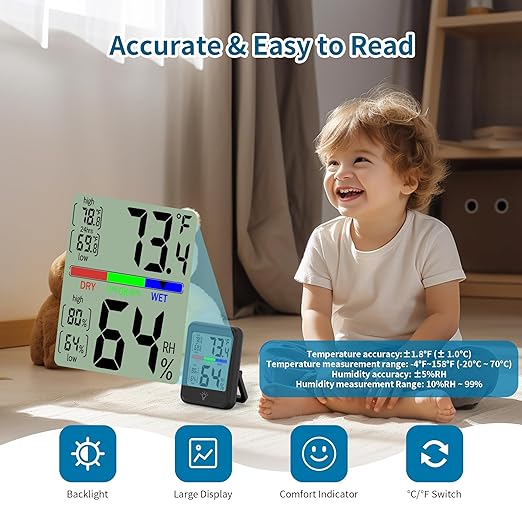 Digital Thermometer Hygrometer, Indoor Wall Thermometer, Indoor Humidity Temperature Monitor with Max&Min Records Backlit for 10S for Greenhouse, Home and Office Measuring Devices - Image 4