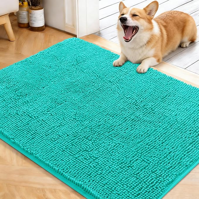 OLANLY Dog Door Mat for Muddy Paws 40x32, Absorbs Moisture and Dirt, Absorbent Non-Slip Washable Doormat, Quick Dry Chenille Mud Mat for Dogs, Entry Indoor Entryway Carpet for Inside Floor, Teal by OLANLY
