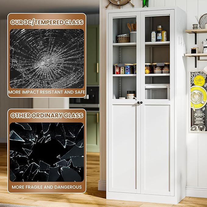 Metal Pantry Cabinet with Doors and 5 Adjustable Shelves, 72" Tall Kitchen Cupboard Storage Cabinets for Kitchen Dining Room Living Room Bathroom,Assembly Required (White) - Image 6