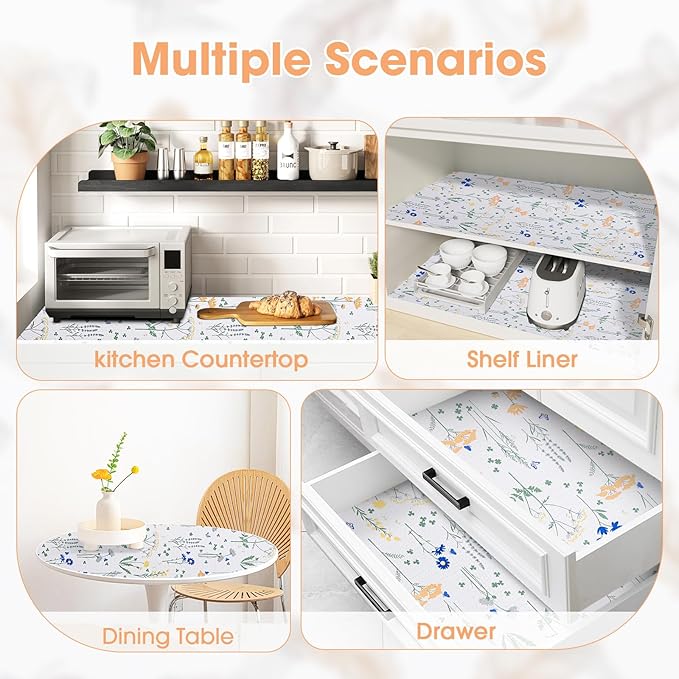 Drawer and Shelf Liner, Non-Slip Kitchen Cabinet Liners Non-Adhesive Thick Strong Grip Waterproof Washable Mats Protect Dresser Shelves Cupboard Bathroom Cabinets, Flower, 12 in X 20 FT - Image 9