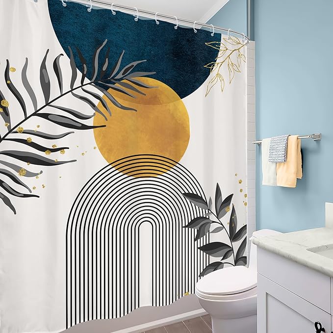 Navy Blue Boho Shower Curtain 60Wx72H Modern Bohemian Mid Century Abstract Gold Leaves Minimalist Geometric Plant Bathroom Decor Neutral Botanical Bath Curtain Fabric Polyester 12 Pack Hooks - Image 4