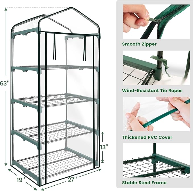 Worth Garden 4 Tier Mini Greenhouse - 63'' H x 27'' L x 19'' W - Sturdy Portable Gardening Shelves with PVC Cover - Small Green House Use in Indoor & Outdoor for Plants Flowers - Image 6