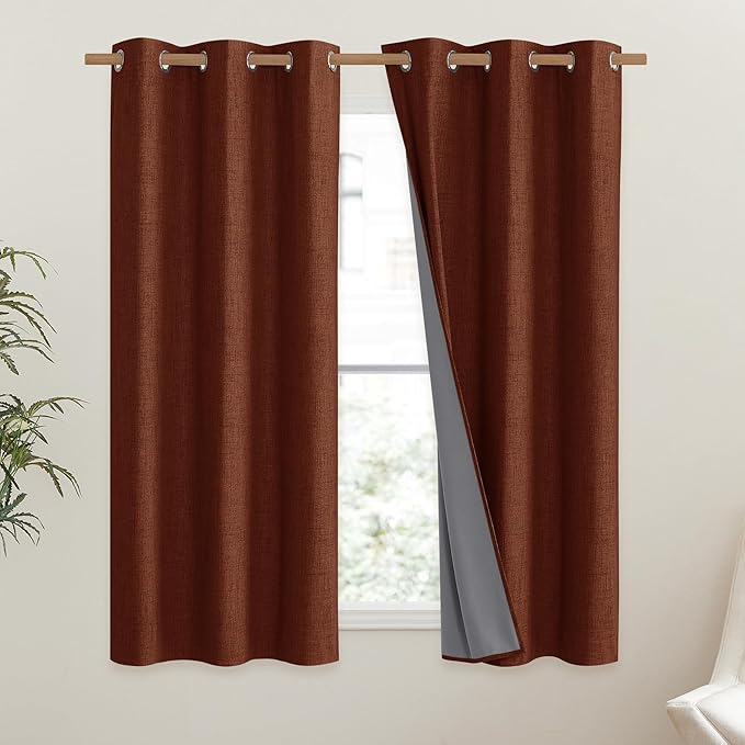 NICETOWN 100% Absolutely Blackout Linen Curtains with Thermal Insulated Liner, 42" Wide, 2 Panels, 63" Long Drapes, Grommet Retro Burnt Orange Linen Curtains Vertical Drapes Privacy for Bedroom - Image 2
