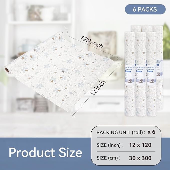 FIFTY FEET 12"x120" Non-Adhesive Shelf Liner for Kitchen Cabinets and Drawers, Washable Non-Slip PVC Cabinet Liner (White Floral)(6 Roll) - Image 5