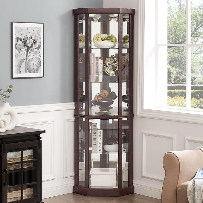 Elegant Corner Curio Cabinet with Lights & Tempered Glass Door, Wooden Display Cabinet with 4 Adjustable Glass Shelves & Mirrored Back for Living Room, Dining Room, Office (Dark Cherry) by ALYIAMXL
