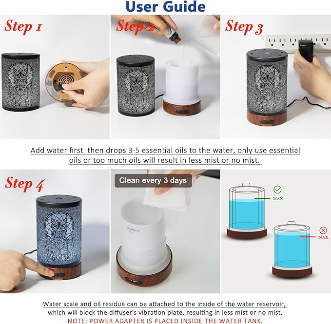 EQUSUPRO Essential Oil Diffuser 150ml Metal Aromatherapy Oil Diffuser Ultrasonic Cool Mist Diffuser with Auto Shut-Off Protection,7 Colors Changed LED for Home Office SPA Yoga (Owl) - Image 7